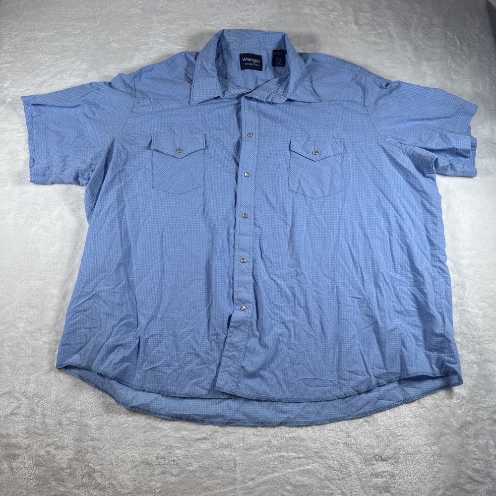 Wrangler Western Shirt Mens 3X‎ Pearl Snap Blue Checker Short Sleeve